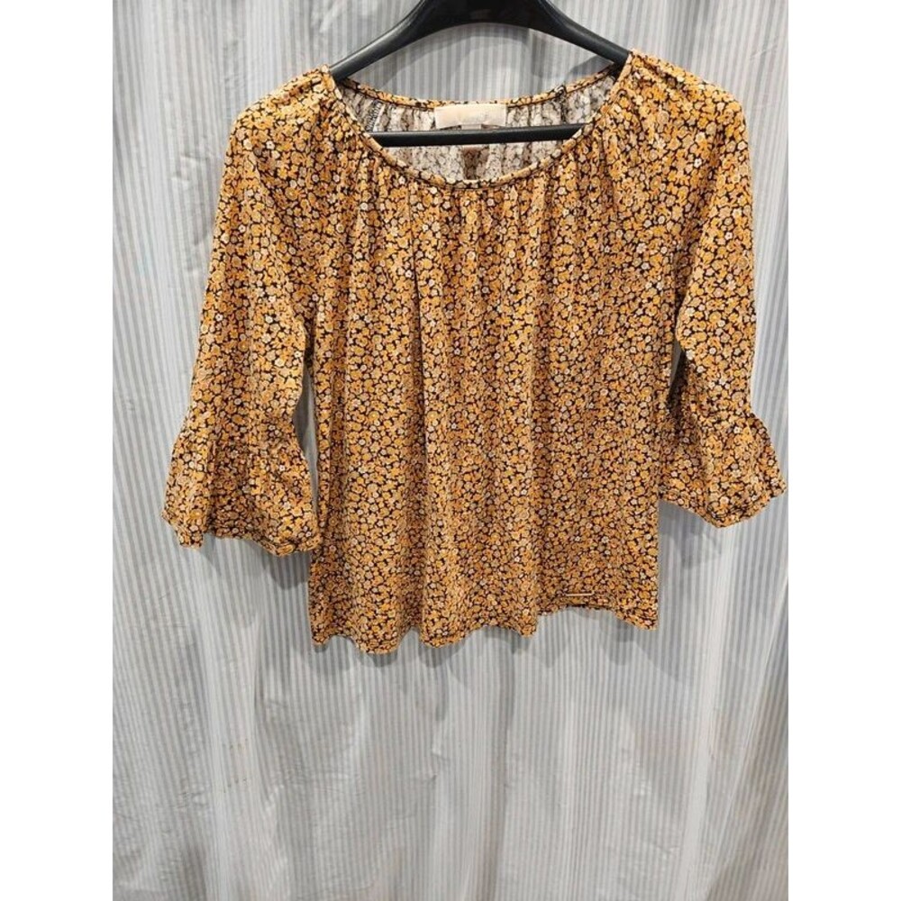 Michael Kors Yellow Floral Scoop Neck Blouse Bell Sleeves Medium